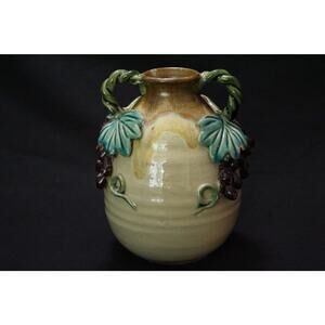 Vintage Majolica Pottery Double Handle Grapevine Vase Jug